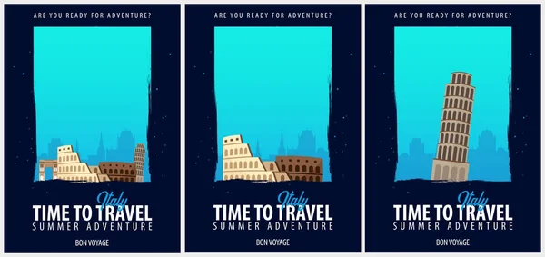 Uppsättning av affischer resa till Italien. Resa, resa och semester. Resor vektorillustration. — Stock vektor