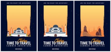 Posterler seyahat Türkiye'ye ayarla. Yolculuk, gezi ve tatil. Vektör seyahat çizim.