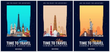 Seyahat posterler kümesi. Amerika, Avrupa ve Asya. Gezi ve tatil. Vektör seyahat çizim.