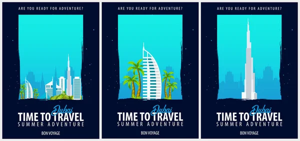 Sada plakátů cesty do Dubaje. Cesty, cesty a dovolené. Vektorové ilustrace cestování. — Stockový vektor
