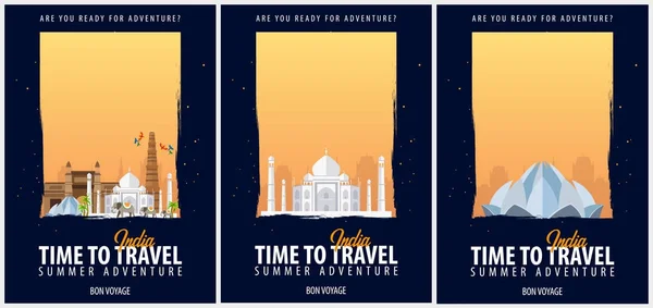 Uppsättning av affischer resa till Indien. Resa, resa och semester. Resor vektorillustration. — Stock vektor