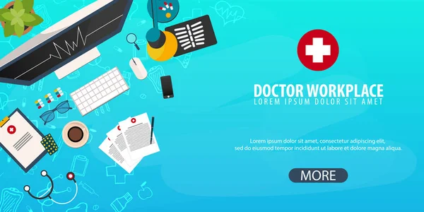 Dottore sul posto di lavoro. Esperienza medica. Assistenza sanitaria. Illustrazione della medicina vettoriale . — Vettoriale Stock
