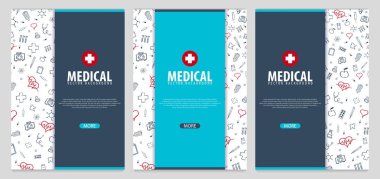 Tıbbi broşür tasarım şablonu. El ilanı ile satır içi tıp kutsal kişilerin resmi, Modern Infographic konsept faaliyet raporu için. Vektör.