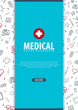 Tıbbi broşür tasarım şablonu. El ilanı ile satır içi tıp kutsal kişilerin resmi, Modern Infographic konsept faaliyet raporu için. Vektör.