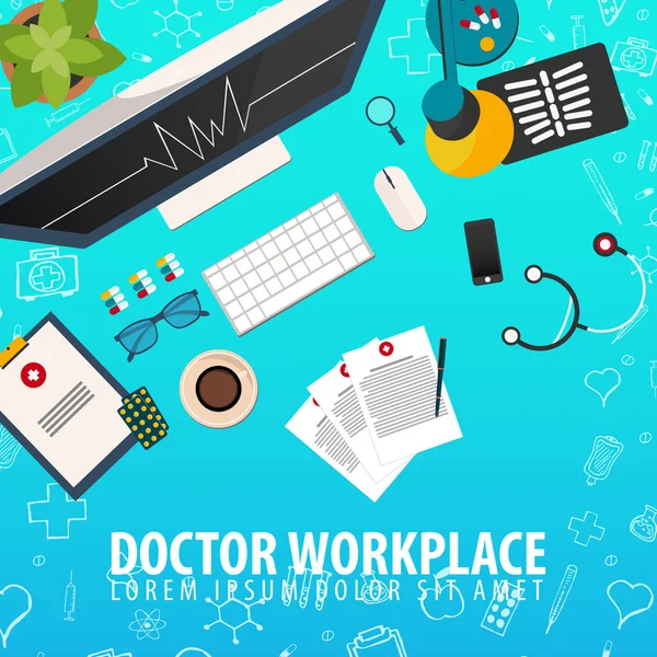Dottore sul posto di lavoro. Esperienza medica. Assistenza sanitaria. Illustrazione della medicina vettoriale . — Vettoriale Stock