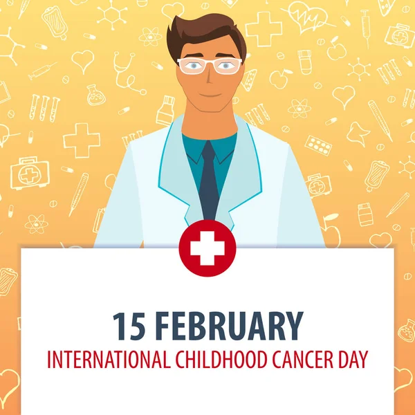 15 febbraio. Giornata internazionale del cancro infantile. Vacanza medica. Illustrazione della medicina vettoriale . — Vettoriale Stock