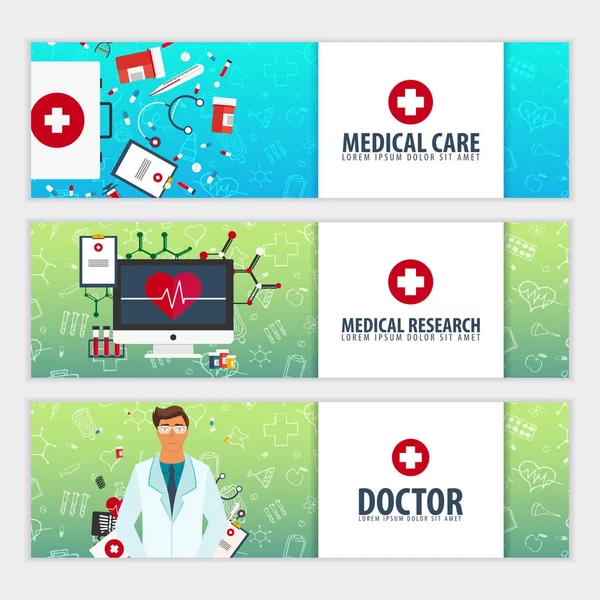 Set di striscioni medici. Assistenza sanitaria. Illustrazione della medicina vettoriale . — Vettoriale Stock