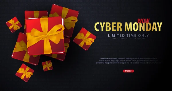 Cyber Monday Sale banner com presentes. Fundo de código binário. Ilustração vetorial . — Vetor de Stock