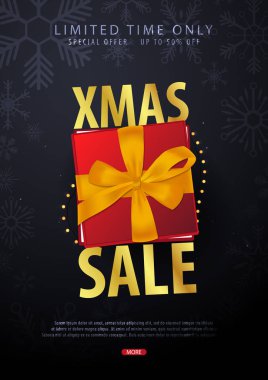 Noel ve mutlu yeni yıl posteri hediye kutuları kırmızı zemin üzerine evlen. Vektör çizim.