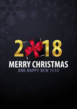 Noel ve mutlu yeni yıl posteri hediye kutuları kırmızı zemin üzerine evlen. Vektör çizim.