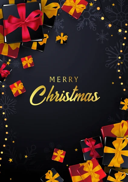 Cartel de Navidad y Feliz Año Nuevo sobre fondo rojo con cajas de regalo. Ilustración vectorial . — Vector de stock