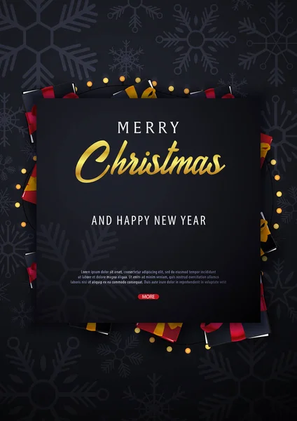 Casar com o Natal e Feliz Ano Novo cartaz e banner no fundo escuro com caixas de presente. Ilustração vetorial . — Vetor de Stock