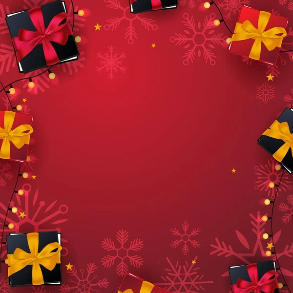 Mariez Noël et Bonne Année bannière sur fond rouge avec des flocons de neige et des boîtes-cadeaux. Illustration vectorielle . — Image vectorielle