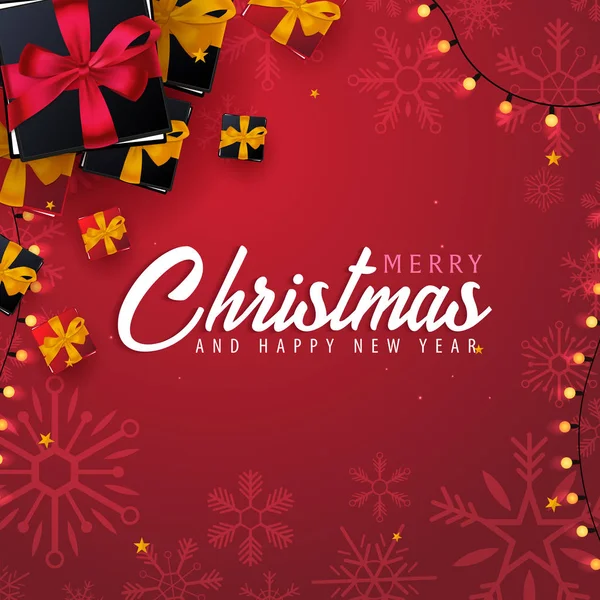 Cásate con la bandera de Navidad y Feliz Año Nuevo sobre fondo rojo con copos de nieve y cajas de regalo. Ilustración vectorial . — Vector de stock