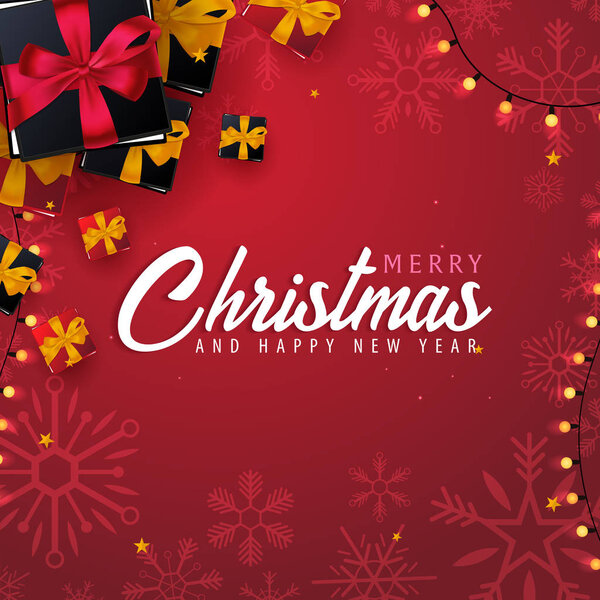 Marry Christmas and Happy New Year banner on red background with snowflakes and gift boxes. Vector illustration.