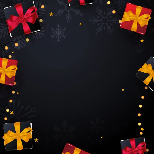 Cásate con la bandera de Navidad y Feliz Año Nuevo sobre fondo oscuro con copos de nieve y cajas de regalo. Ilustración vectorial . — Vector de stock