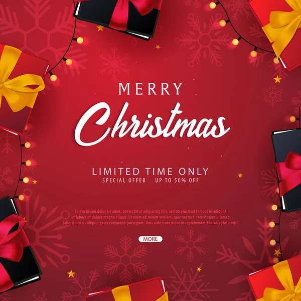 Sposare Natale e Felice Anno Nuovo banner su sfondo rosso con fiocchi di neve e scatole regalo. Illustrazione vettoriale . — Vettoriale Stock