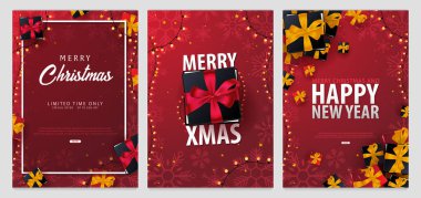 Kar taneleri ve hediye kutuları kırmızı zemin üzerine evlenmek Noel ve mutlu yeni yıl afiş ayarlayın. Vektör çizim.