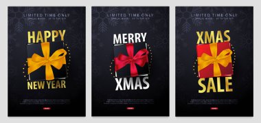 Evlenmek Noel ve mutlu yeni yıl afiş kar taneleri ve hediye kutuları ile koyu arka plan üzerinde ayarlayın. Vektör çizim.