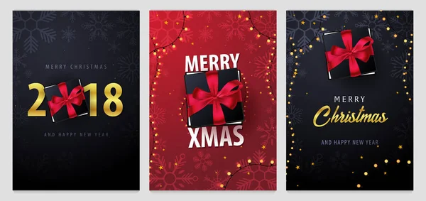 Set de Marry Christmas y Happy New Year banner sobre fondo oscuro y rojo con copos de nieve y cajas de regalo. Ilustración vectorial . — Archivo Imágenes Vectoriales