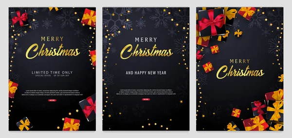 Set di Natale e felice anno nuovo banner su sfondo scuro con fiocchi di neve e scatole regalo. Illustrazione vettoriale . — Vettoriale Stock