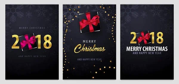Set de Marry Christmas y Happy New Year banner sobre fondo oscuro con copos de nieve y cajas de regalo. Ilustración vectorial . — Vector de stock