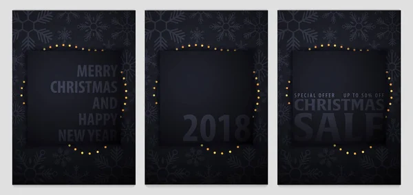 Set de Marry Christmas y Feliz Año Nuevo sobre fondo oscuro con copos de nieve. Ilustración vectorial . — Archivo Imágenes Vectoriales
