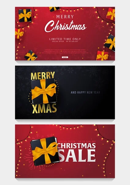 Set of Marry Christmas and Happy New Year banner on dark and red background with snowflakes and gift boxes. Vector illustration. — Stock Vector