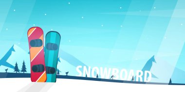 Kış spor. Kayak ve Snowboard. Dağ manzarası. Sporcu Kayak yokuş aşağı. Vektör çizim.