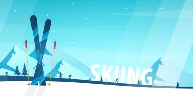 Kış spor. Kayak ve Snowboard. Dağ manzarası. Sporcu Kayak yokuş aşağı. Vektör çizim.