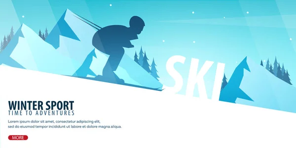 Sports d'hiver. Ski et Snowboard. Paysage montagneux. Skieur en mouvement. Illustration vectorielle . — Image vectorielle