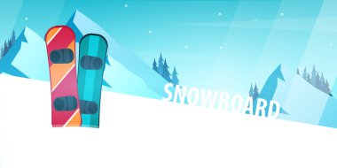 Kış spor. Kayak ve Snowboard. Dağ manzarası. Vektör çizim.