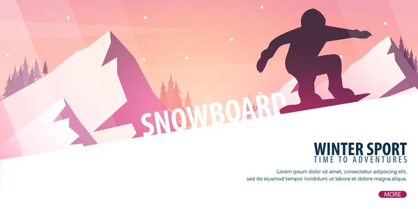 Sports d'hiver. Ski et Snowboard. Paysage montagneux. Snowboarder en mouvement. Illustration vectorielle . — Image vectorielle