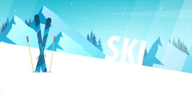 Kış spor. Kayak ve Snowboard. Dağ manzarası. Vektör çizim.