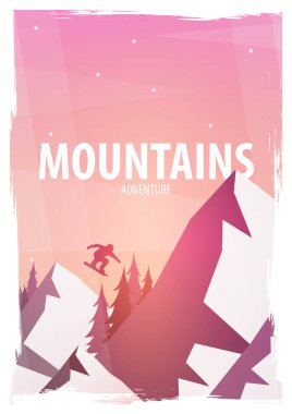 Kış spor. Kayak ve Snowboard. Dağ manzarası. Snowboard hareket. Vektör çizim.