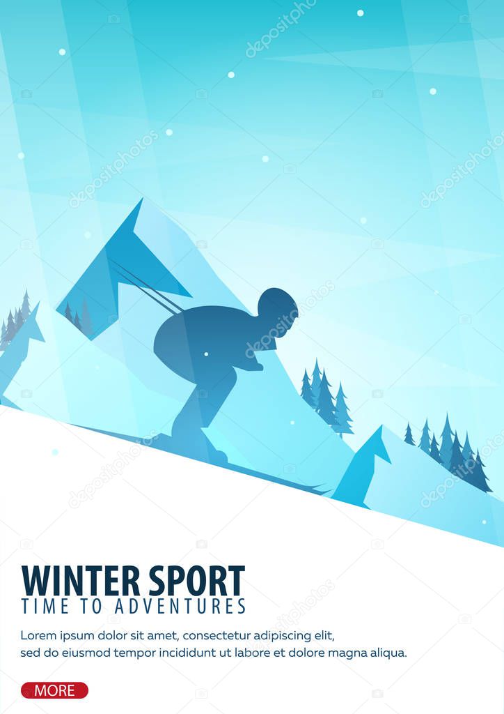 Winter Sport. Ski and Snowboard. Mountain landscape. Snowboarder in motion. Vector illustration.