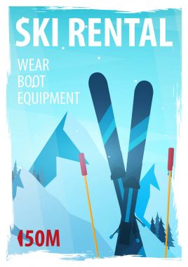 Winter Sport. Ski Rental. Mountain landscape. Snowboarder in motion. Vector illustration. clipart
