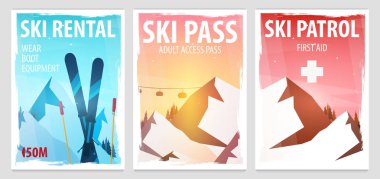 Set of Winter Sport posters. Ski Rental, Patrol, Pass. Mountain landscape. Snowboarder in motion. Vector illustration. clipart