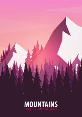 Dağlar Poster. Doğa manzara arka plan siluetleri Dağları ve ağaçları ile. Vektör çizim.