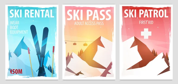 Reihe von Wintersport-Plakaten. Skiverleih, Patrouille, Pass. Berglandschaft. Snowboarder in Bewegung. Vektorillustration. — Stockvektor