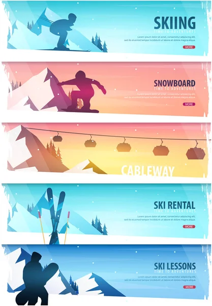 冬季运动。索道.滑雪通行证一组滑雪水平横幅。矢量插图. — 图库矢量图片