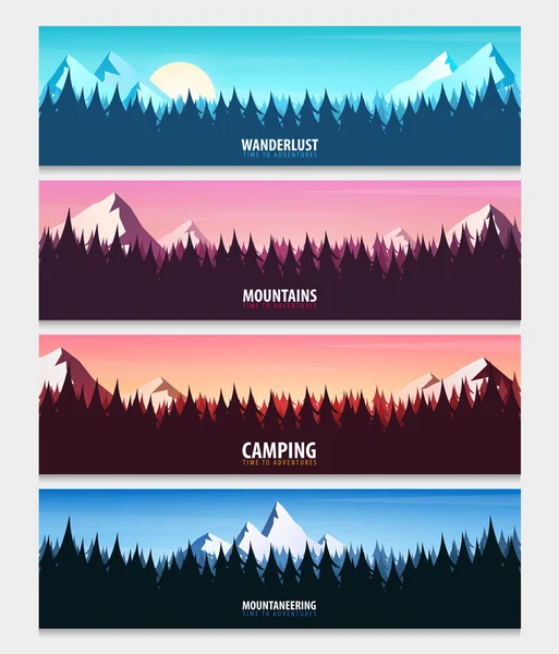 Set di paesaggi naturali sfondi con sagome di montagne e alberi. Illustrazione vettoriale . — Vettoriale Stock