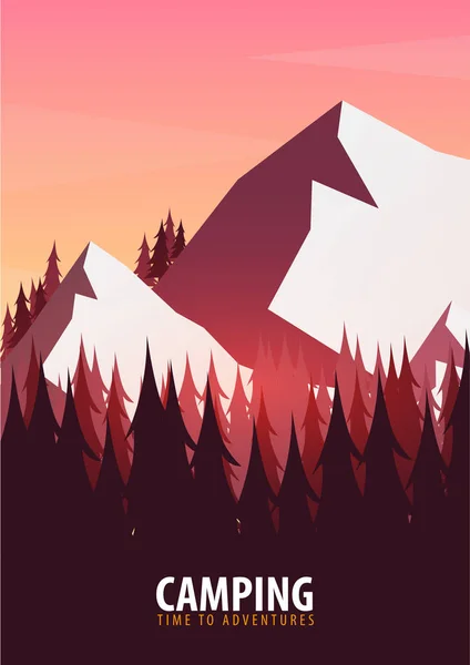 Poster sulle montagne. Sfondo paesaggio naturale con sagome di montagne e alberi. Illustrazione vettoriale . — Vettoriale Stock