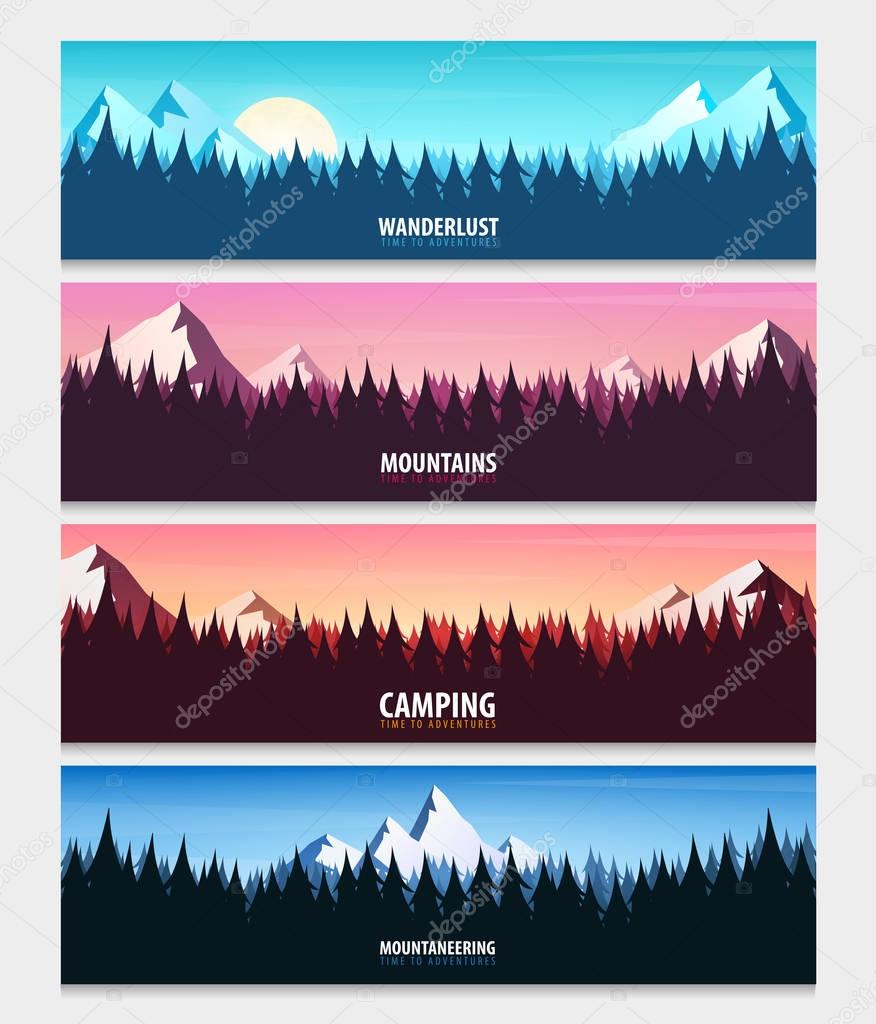 Set of Nature landscape backgrounds with silhouettes of mountains and trees. Vector Illustration.