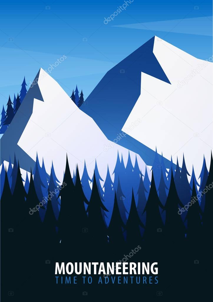 Mountains Poster. Nature landscape background with silhouettes of mountains and trees. Vector Illustration.