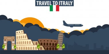İtalya'ya seyahat. Seyahat ve Turizm afiş. Bulutlar ve güneş ile 