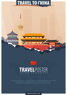 Çin'e seyahat. Seyahat ve Turizm poster. Vektör düz illustra