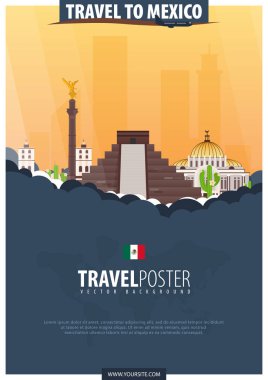 Meksika'ya seyahat. Seyahat ve Turizm poster. Vektör düz illustr