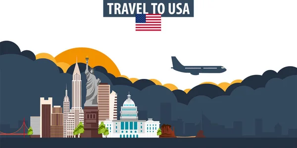 Reise in die USA. Reise- und Tourismusbanner. Wolken und Sonne mit ai — Stockvektor