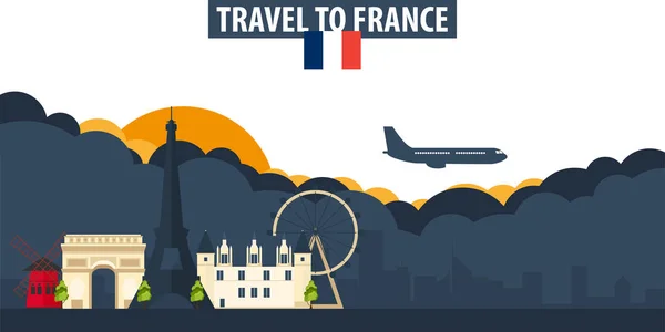 Viajar a Francia. Banner de viajes y turismo. Nubes y sol con — Vector de stock